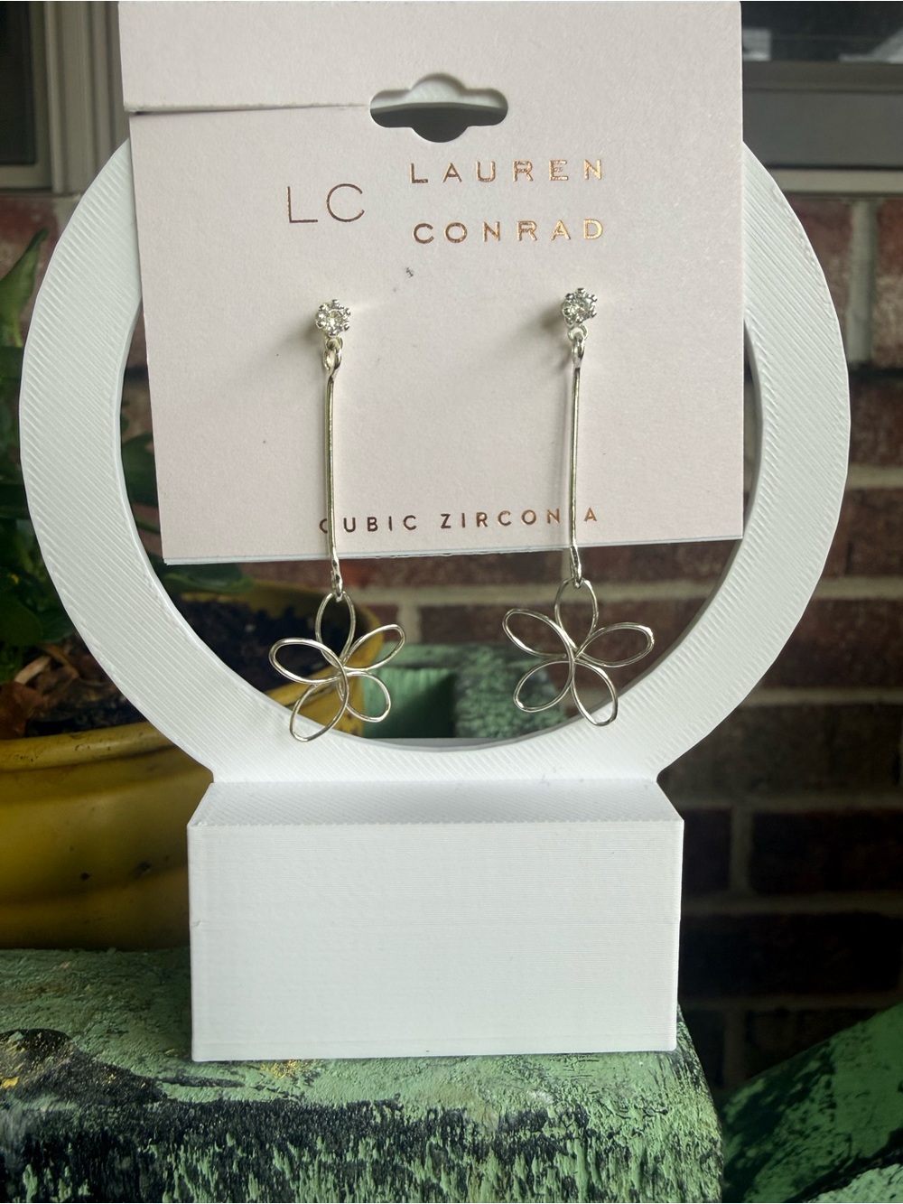 LC Lauren Conrad Silver Floral Drop Earrings with Cubic Zirconia
